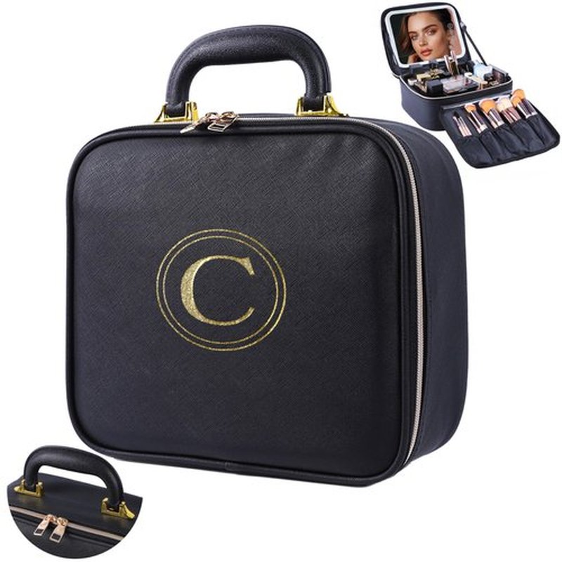 Makeup Travel Train Case with Mirror, LED Light, 3 Adjustable Brightness Levels, Cosmetic Bag with Handle, Portable Storage, Adjustable Partition, Waterproof, Monogrammed Gift Makeup Bag for Women