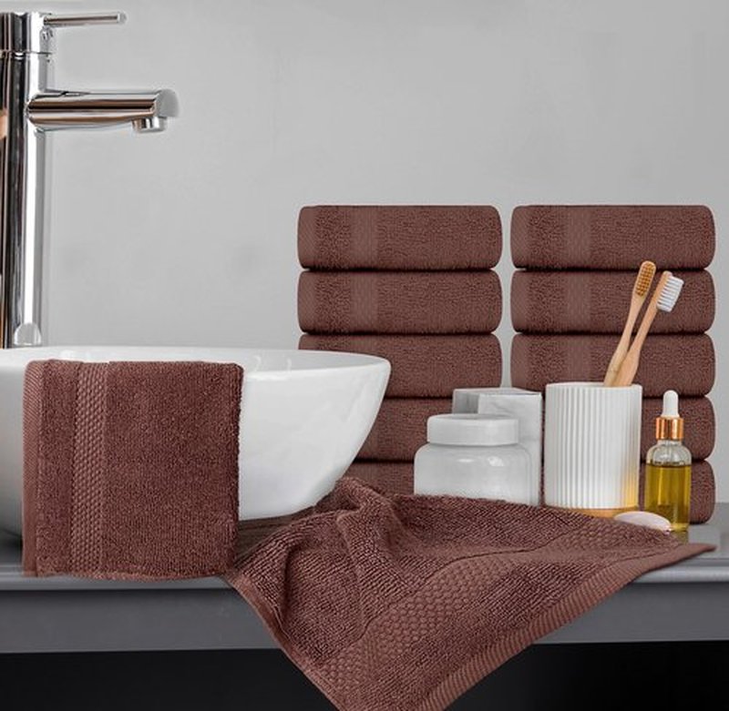 White Classic Luxury Cotton Washcloths - Large Hotel Spa Bathroom Face Towel | 12 Pack | Brown