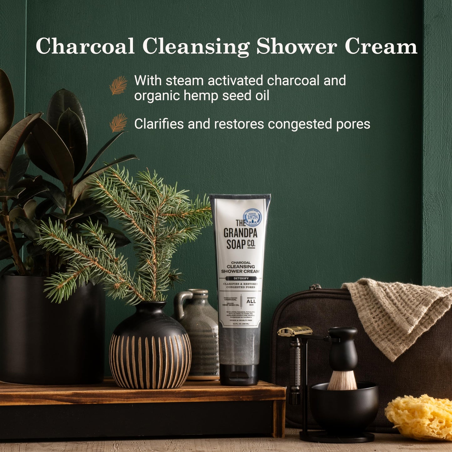 The Grandpa Soap Company Charcoal Cleansing Shower Cream - Clarifies & Restores Congested Pores, With Activated Charcoal & Hemp Seed Oil, Detoxifies, 9.5 Fl Oz