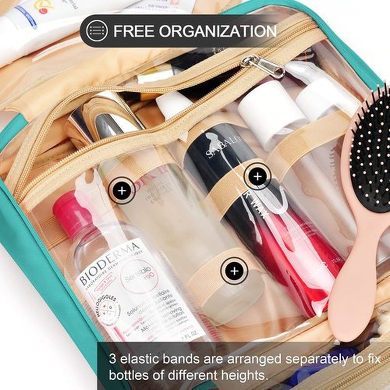 Travel Hanging Toiletry Bag for Women, Large Makeup Bag 8 Leak Proofing Silicone Bottle Covers, Waterproof Cosmetic Bag with Jewelry Organizer Compartment, Toiletries Kit Set, Blue