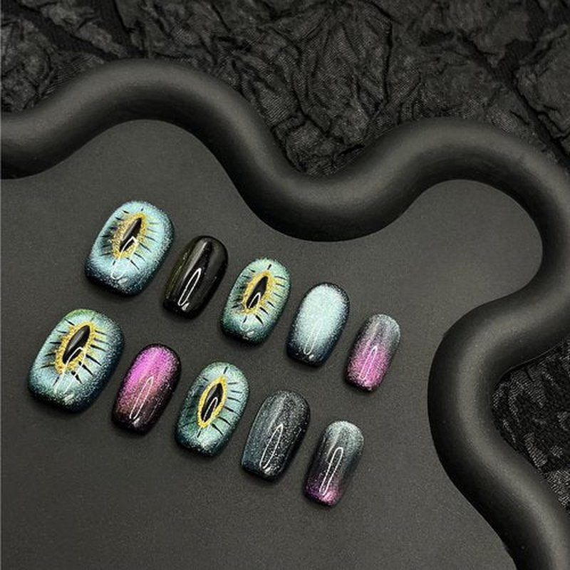 Wsliana Nails Handmade Press On Nail.Magnetic Press On Nail Short Square Cat Eye Fake Nails with Charm Design,Reusable Glue On Nail for Woman Gift,Set of 10pcs Lasting Acrylic False Nail Art (012 S)