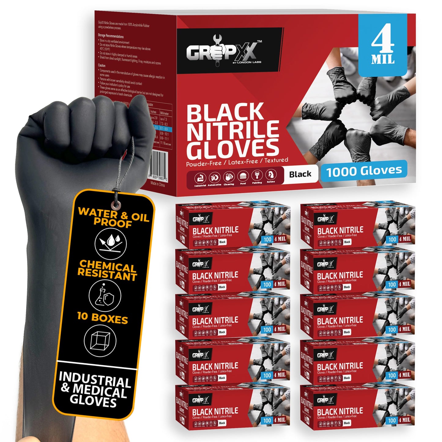 London Labs Black Nitrile Gloves Disposable Latex Free & Powder Free,4 Mil Rubber Glove, Cleaning, Cooking, Mechanic, Tattoo (1000 Count, Large)