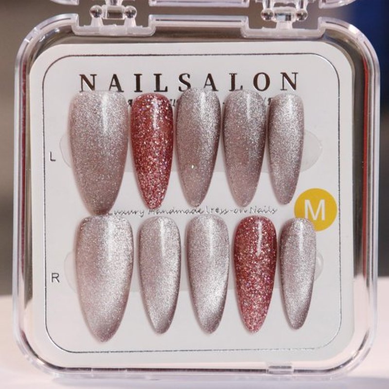 CAMILCY Handmade Nails Press on Almond Nail Pointed Green Gold Crystal Glitter Design Hand painted Reusable Gel UV Finished Pre shaped False Nails for Women 10pcs 3D Handmade Nails (A030, L)