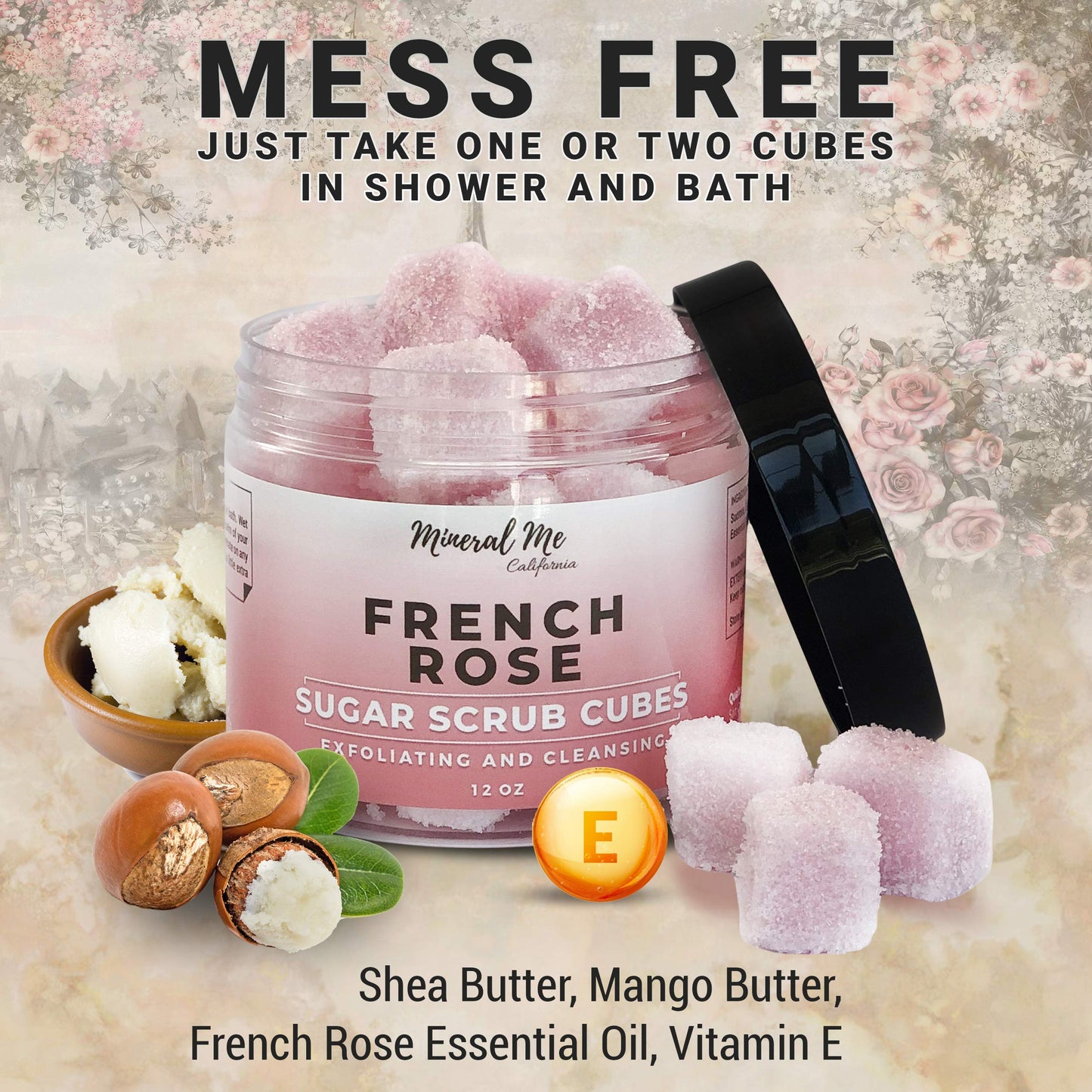 Body Scrub Exfoliator - 12oz FRENCH ROSE Sugar scrub cubes w/Mango Butter & Shea butter- Ultra Hydrating & Moisturizing - Natural & Organic for all body exfoliation- For hands, arms, legs & foot