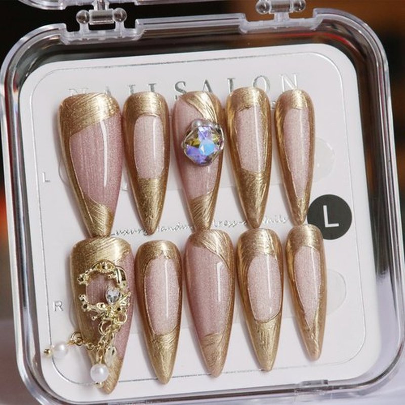 CAMILCY Handmade Nails Press on Almond Shaped Long Pointed Golden Pink Hand Painted Reusable Gel UV Finished Pre Shaped False Nails for Women 10Pcs 3D Handmade Nails (A003 L)