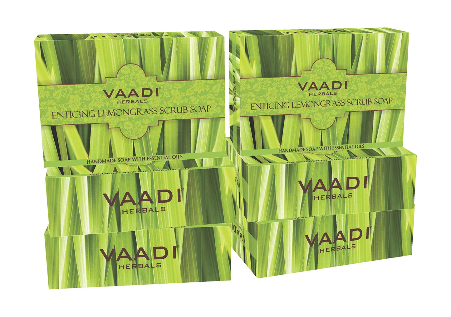 Vaadi Herbals Lemongrass Scrub Bar Soap - Handmade Herbal Soap with 100% Pure Essential Oils - ALL Natural - Best Natural Skin Moisturizer - Each 2.65 Ounces - Pack of 6 (16 Ounces)