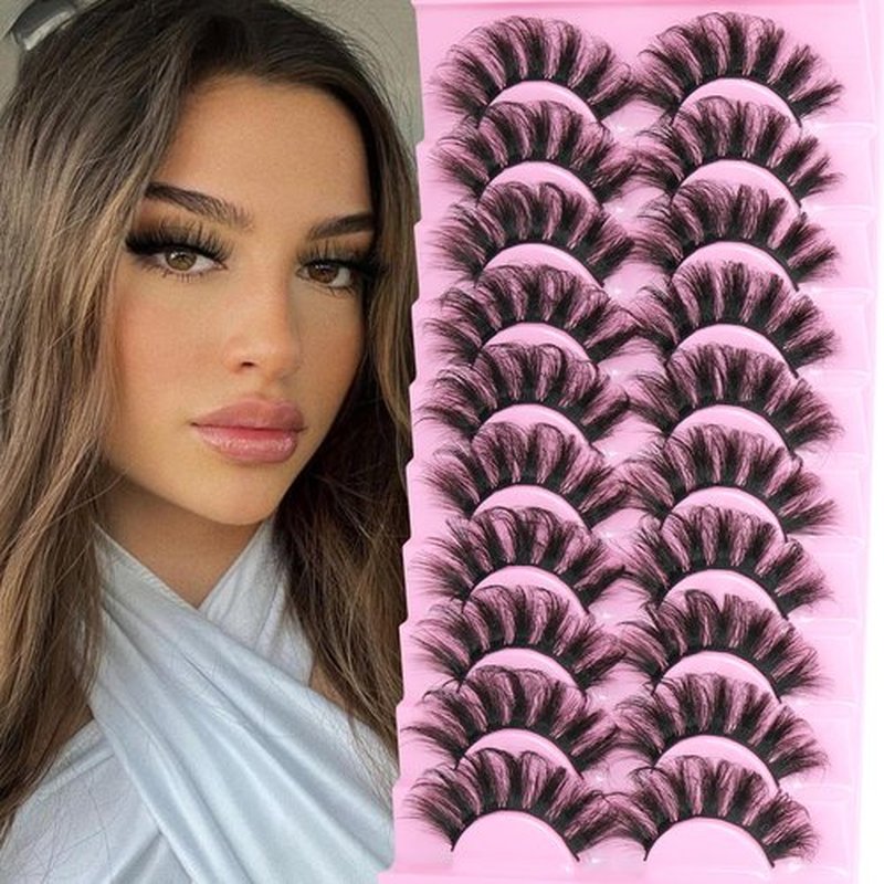 Fluffy Mink Lashes Pack False Eyelashes 6D Volume Wispy Fake Lashes Strip Curly Mink Eyelashes by TNFVLONEINS-10 Pairs