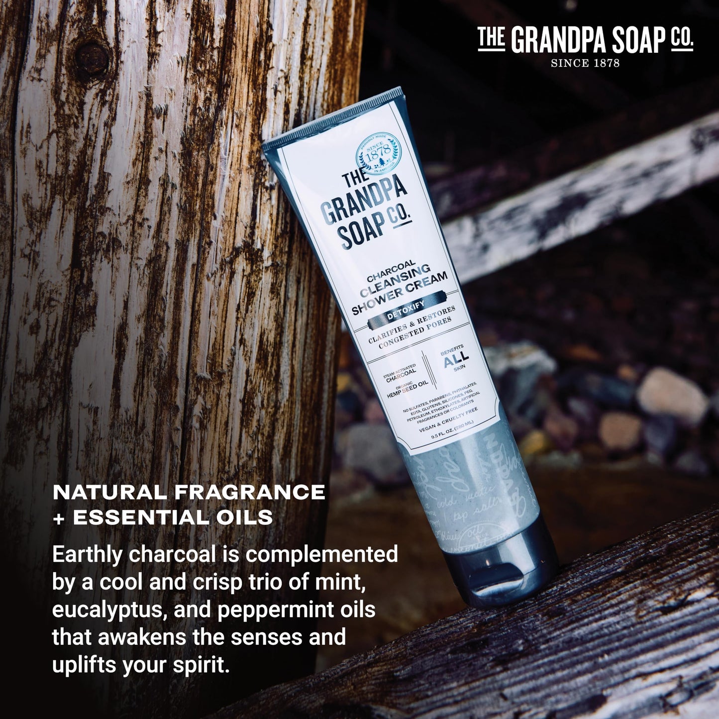 The Grandpa Soap Company Charcoal Cleansing Shower Cream - Clarifies & Restores Congested Pores, With Activated Charcoal & Hemp Seed Oil, Detoxifies, 9.5 Fl Oz