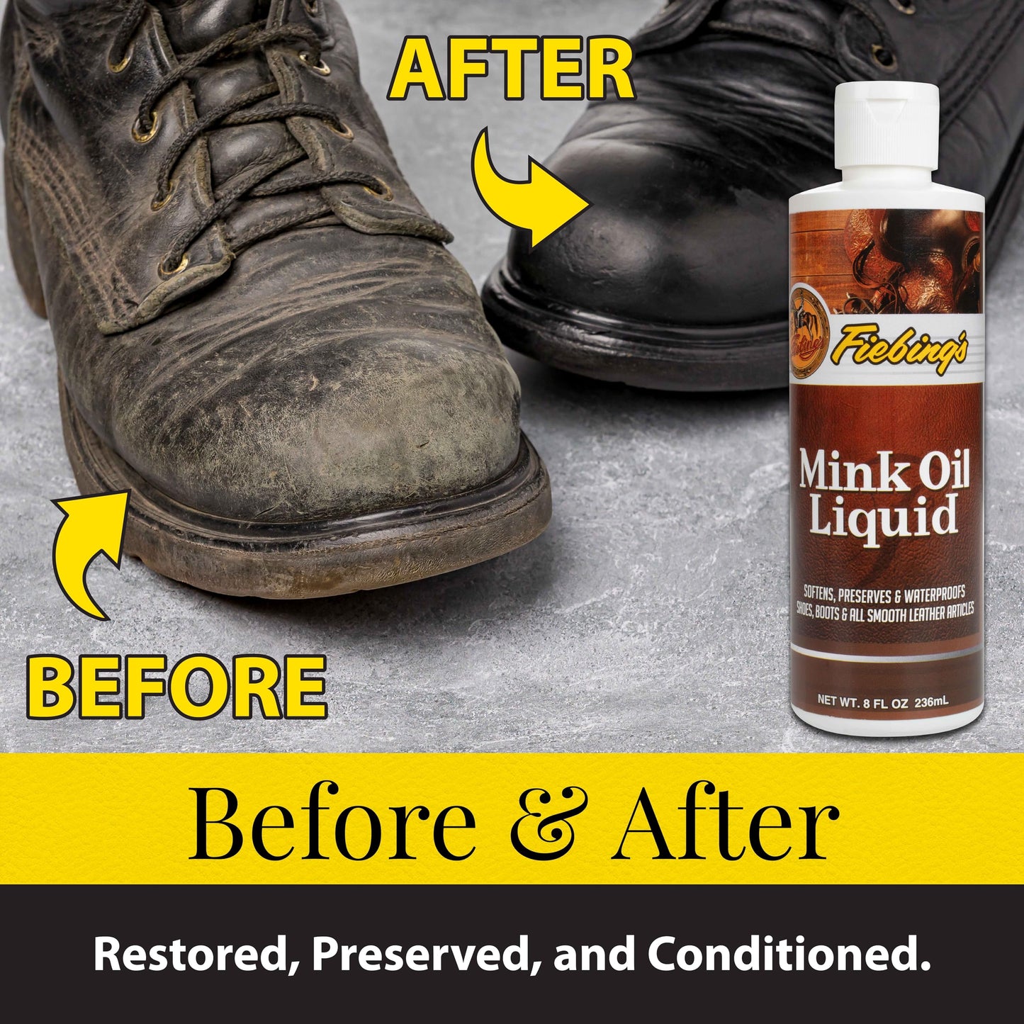 Fiebing's Liquid Mink Oil for Leather Boots (8 fl oz) - Leather Cleaner & Conditioner - Waterproof, Preserve, Soften All Smooth Leathercraft & Vinyl - Prevents Salt Stains - Use On Couch, Shoe, Purse