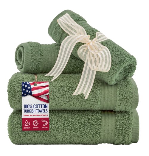 American Veteran Towel, 100% Cotton Turkish Washcloths for Bathroom Essentials 4 Pack, Soft Absorbent Wash Cloths Quick Drying Small Towels Washrags, Sage Green