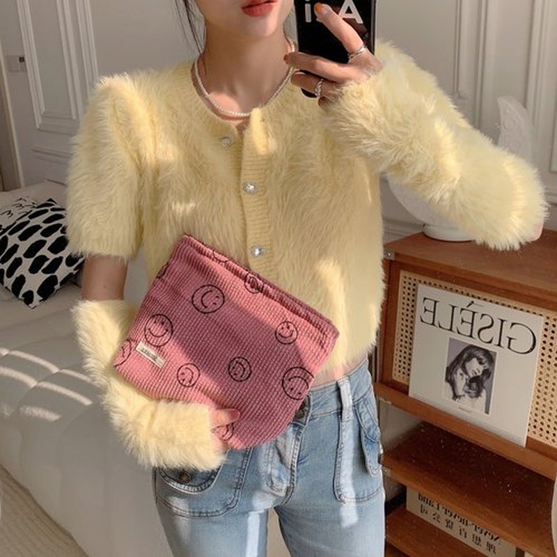 Cosmetic Bags for Women - Corduroy Cosmetic Bag Aesthetic Women Handbags Purses Smile Dots Makeup Organizer Storage Makeup Bag Girls Case Bags (Pink)