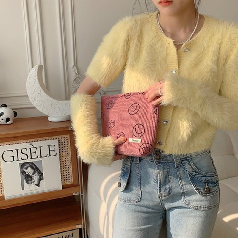 Cosmetic Bags for Women - Corduroy Cosmetic Bag Aesthetic Women Handbags Purses Smile Dots Makeup Organizer Storage Makeup Bag Girls Case Bags (Pink)