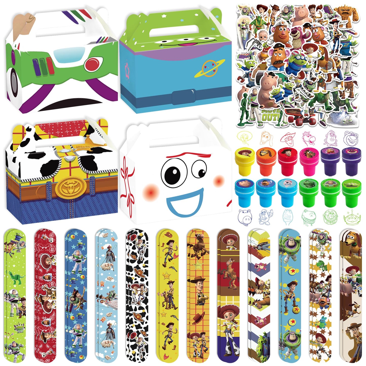 WOOACME Cartoon Birthday Party Supplies, Cartoon Birthday Decorations Include 50 Stickers 12 Paper Treat Boxes Bracelets, for Theme Party Decoration