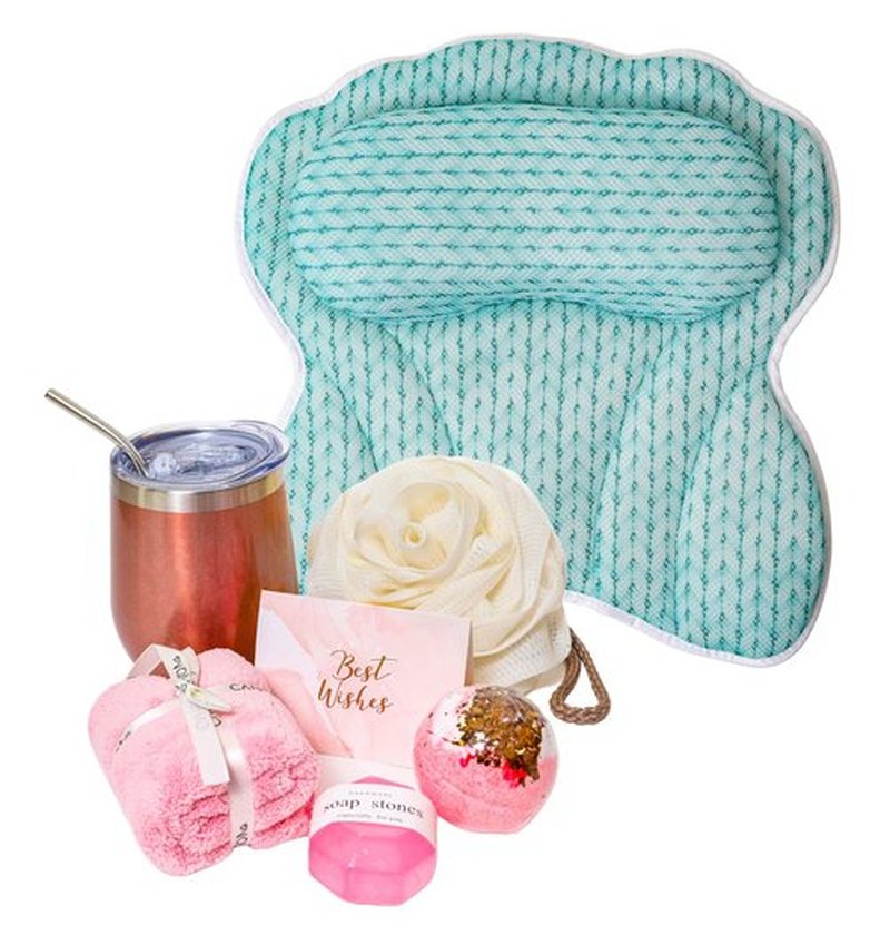 Lady McBath Spa Gift Baskets for Women - Bath Gift Set for Women, Luxury Bath Pillow, Loofah Sponge, Bath Bomb, Soap, Towel, & Insulated Wine Cup, Relaxation Gifts for Women Spa Night Gift Basket