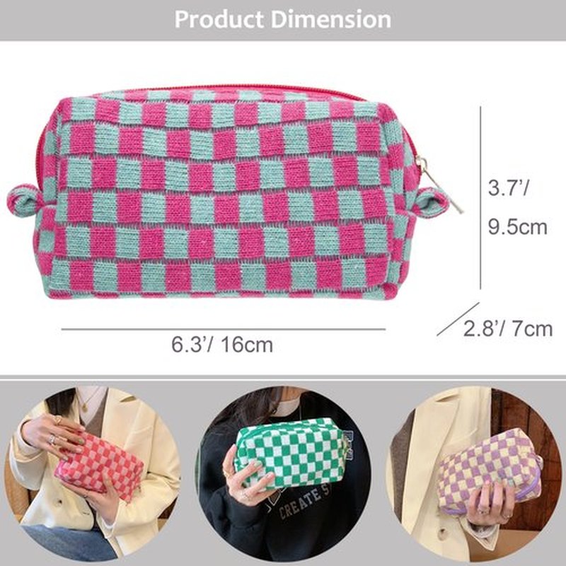 PAZIMIIK Checkered Makeup Bag for Purse Portable Zipper Make Up Pouch Small Cosmetic Case for Travel Accessories Magenta Green