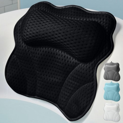 WONDERfoam Thick Padded Ergonomic Bath Pillow for Tub, Support for Head Neck and Back, Slip-Resistant, Machine Washable Breathable Quick Dry Mesh Bathtub Headrest Pillows, Spa Rest Accessories, Black