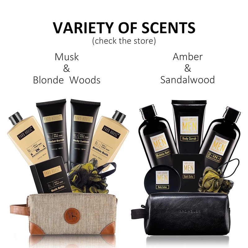 YARD HOUSE Spa Gift Basket Set for Men - Sandalwood Amber | 7-Piece Full Size Kit in Toiletry Bag - Perfect Father's Day Gift
