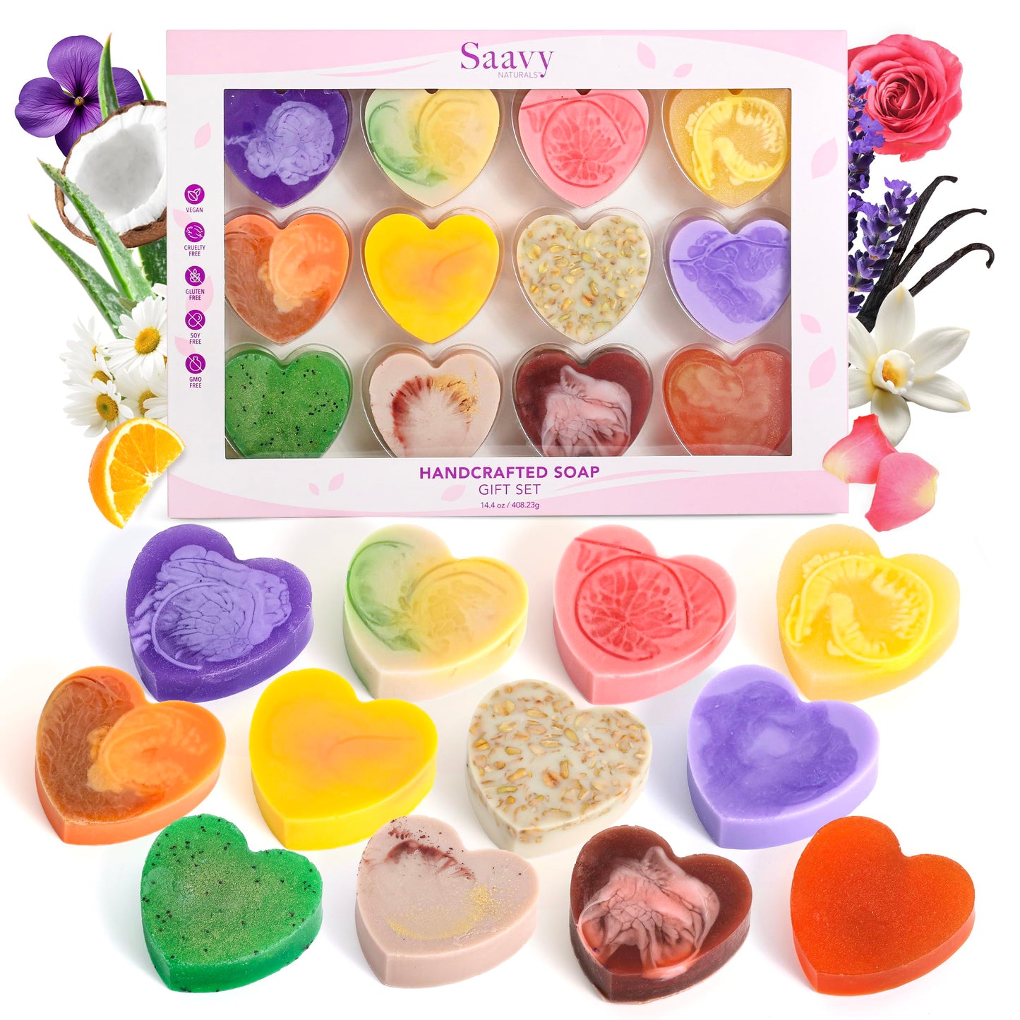 Saavy Naturals Hydrating & Purifying Mini Soap – Plant-Based, Nourishing & Moisturizing Bar Soap Gift Set for Men & Women – Mini Heart Shaped Artisan Bar Soaps, 10 pack