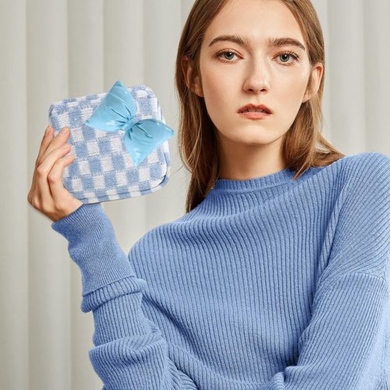 LYDZTION 2Pcs Small Makeup Bag Cosmetic Bag for Women, Checkered Makeup Bag Plaid Makeup Bag Cute Small Makeup Bag Storage Bag Travel Toiletry Bag Organizer Bow Pouch,Blue and Pink