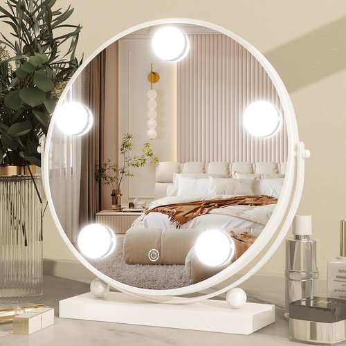 ROLOVE 13 Inch Hollywood Vanity Mirror with Lights, Round Make Up Mirror with Lighting, LED Makeup Mirror with 5 Dimmable Bulbs for Bedroom Tabletop, Smart Touch Control, 360° Rotation