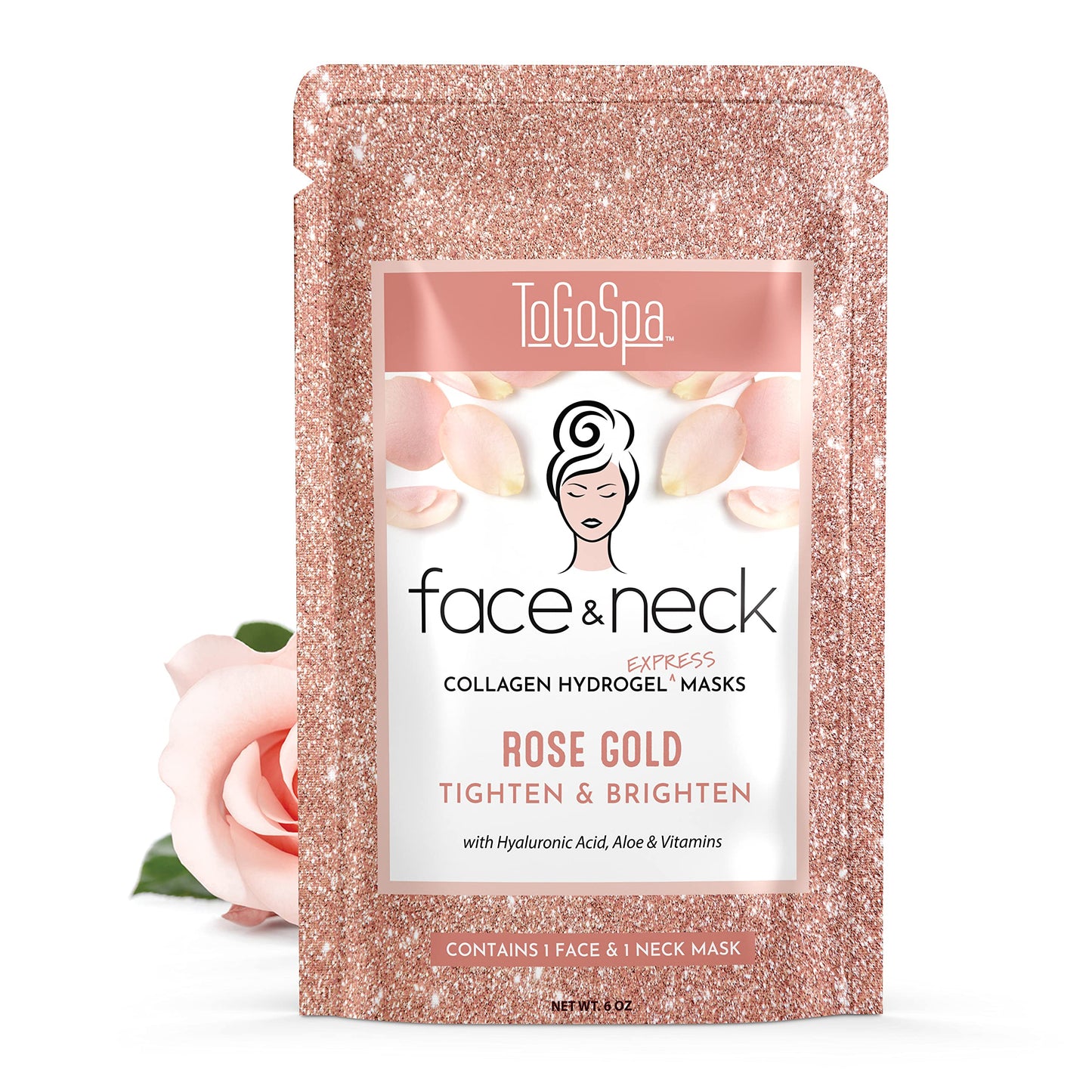 ToGoSpa FACE & NECK | Premium Clean Collagen Gel Mask with Hyaluronic Acid, Aloe Vera, Vitamins C & E (Rose Gold)