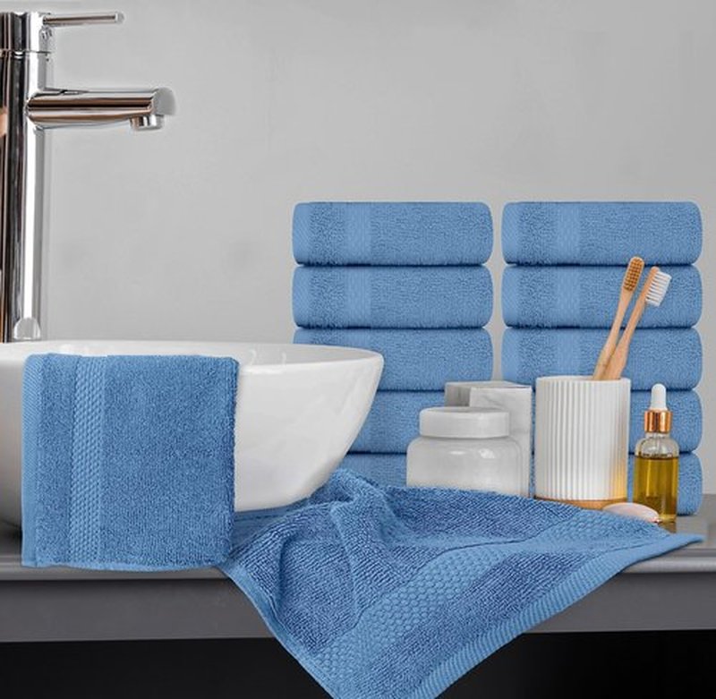 White Classic Luxury Cotton Washcloths - Large Hotel Spa Bathroom Face Towel | 12 Pack | Light Blue