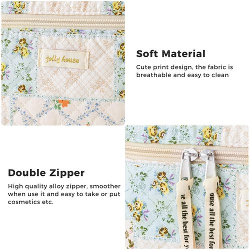 HBselect Quilted Makeup Bag, 3PCS Cotton Large Travel Makeup Bag, Cute Floral Coquette Make up Bag Cosmetic Bag Toiletry Bag for Women Girls