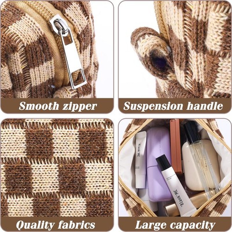 ZLFSRQ 4Pcs Checkered Makeup Bag for Women Knitted Small Cosmetic Bag Travel Makeup Pouch for Purse Zipper Toiletry Organizer Cute Aesthetic Girls Makeup Brushes Storage Bag (Green/Black/Pink/Brown)