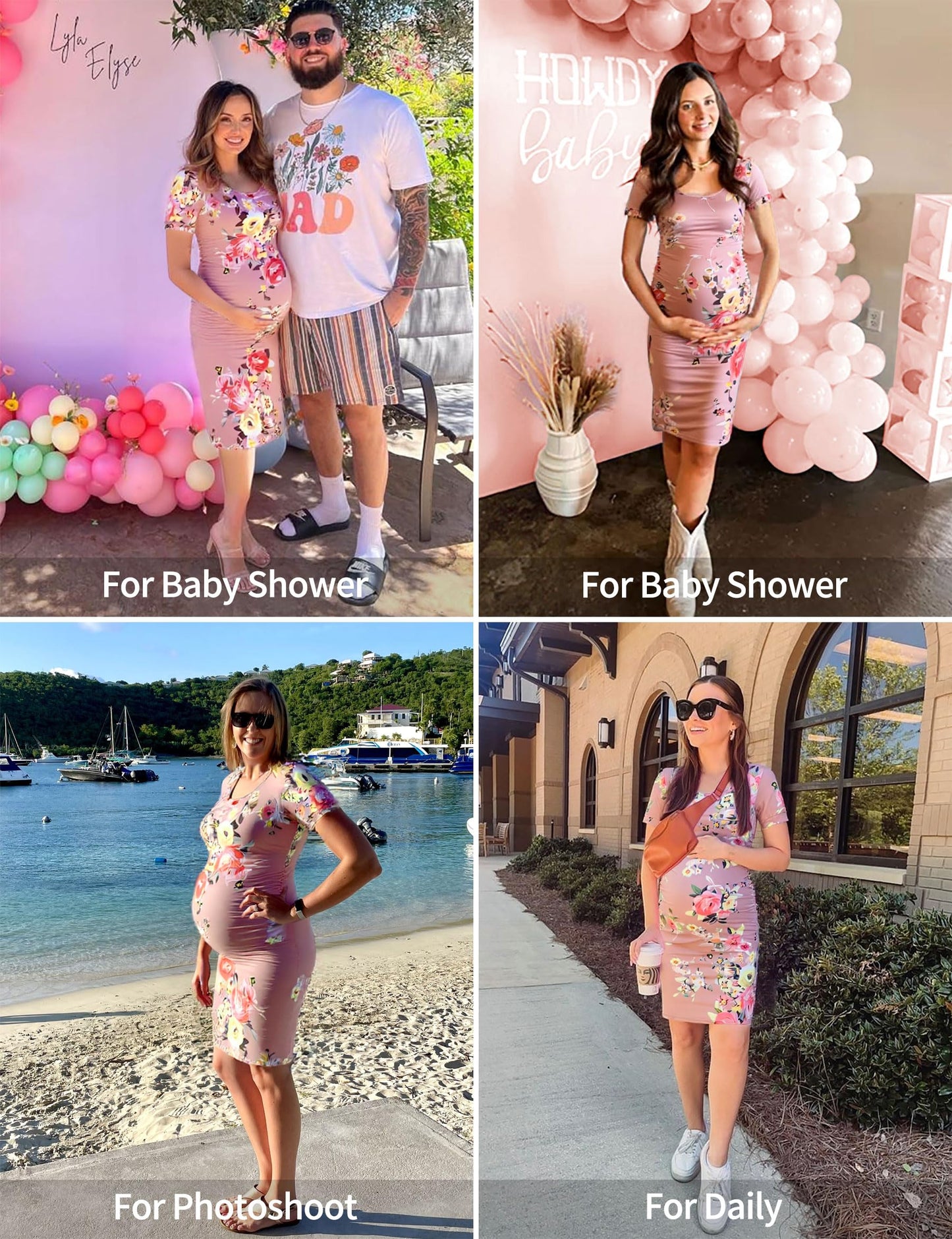 MUSIDORA Solid Color & Floral Side Ruch Maternity Dress/Short Sleeve Bodycon Dress Baby Shower Daily Wear