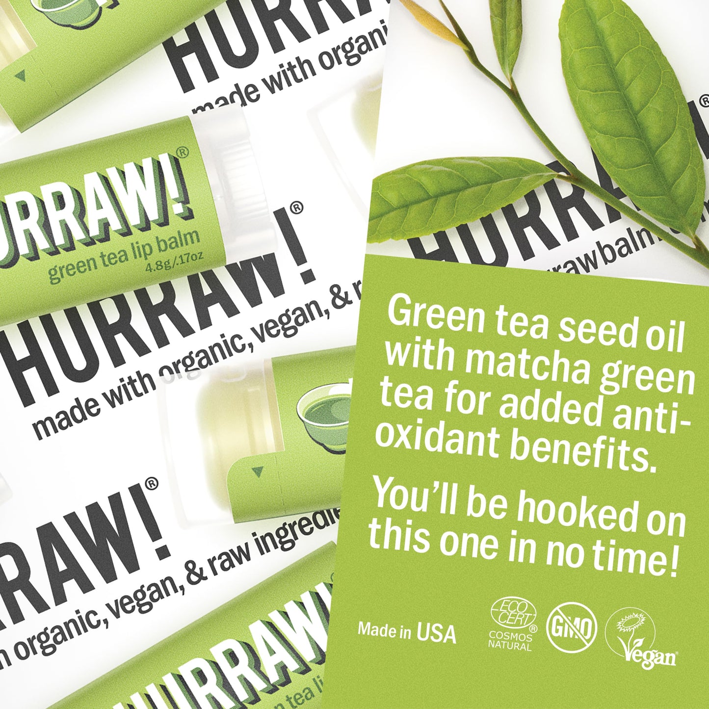 Hurraw! Green Tea Lip Balm, 2 Pack: Organic, Certified Vegan, Cruelty and Gluten Free. Non-GMO, 100% Natural Ingredients. Bee, Shea, Soy and Palm Free. Made in USA
