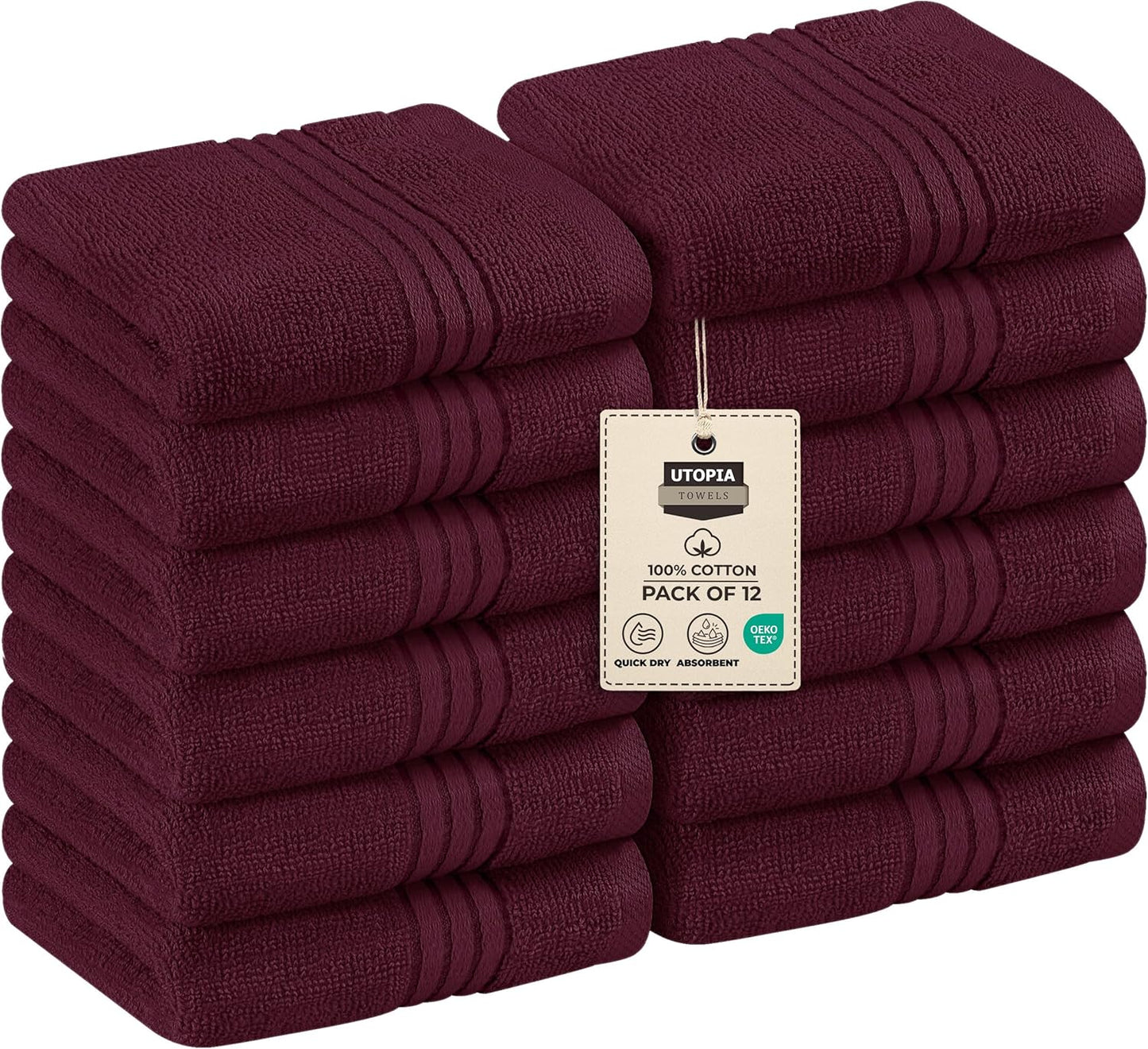 Premium 12-Pack Cotton Wash Cloths - Highly Absorbent & Soft 12x12 for Bathroom, Spa, Gym - Plum