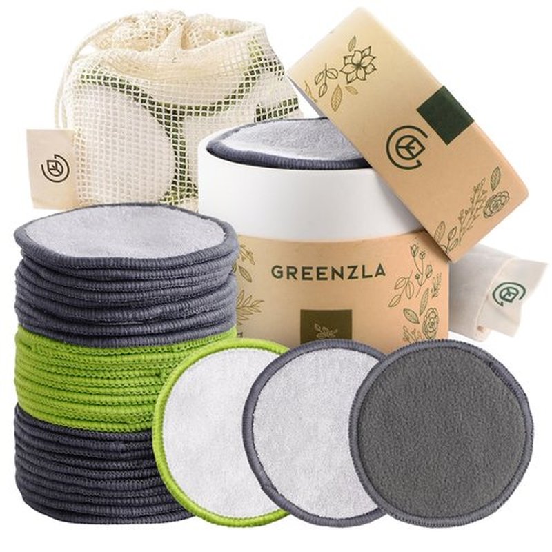 Greenzla Reusable Makeup Remover Pads, 30 Pack Washable Bamboo Cotton Pads Reusable with Mesh Laundry Bag, Cotton Travel Pouch, Cotton Pads Holder, Reusable Cotton Rounds for Face for All Skin Types