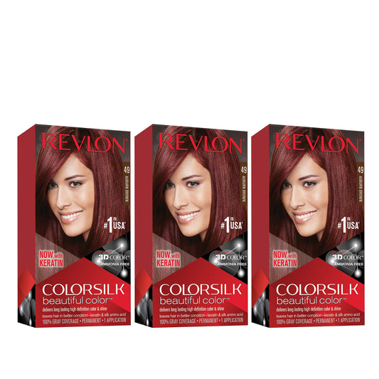 Revlon Permanent Hair Color, Permanent Hair Dye, Colorsilk with 100% Gray Coverage, Ammonia-Free, Keratin and Amino Acids, 49 Auburn Brown, 4.4 Oz (Pack of 3)