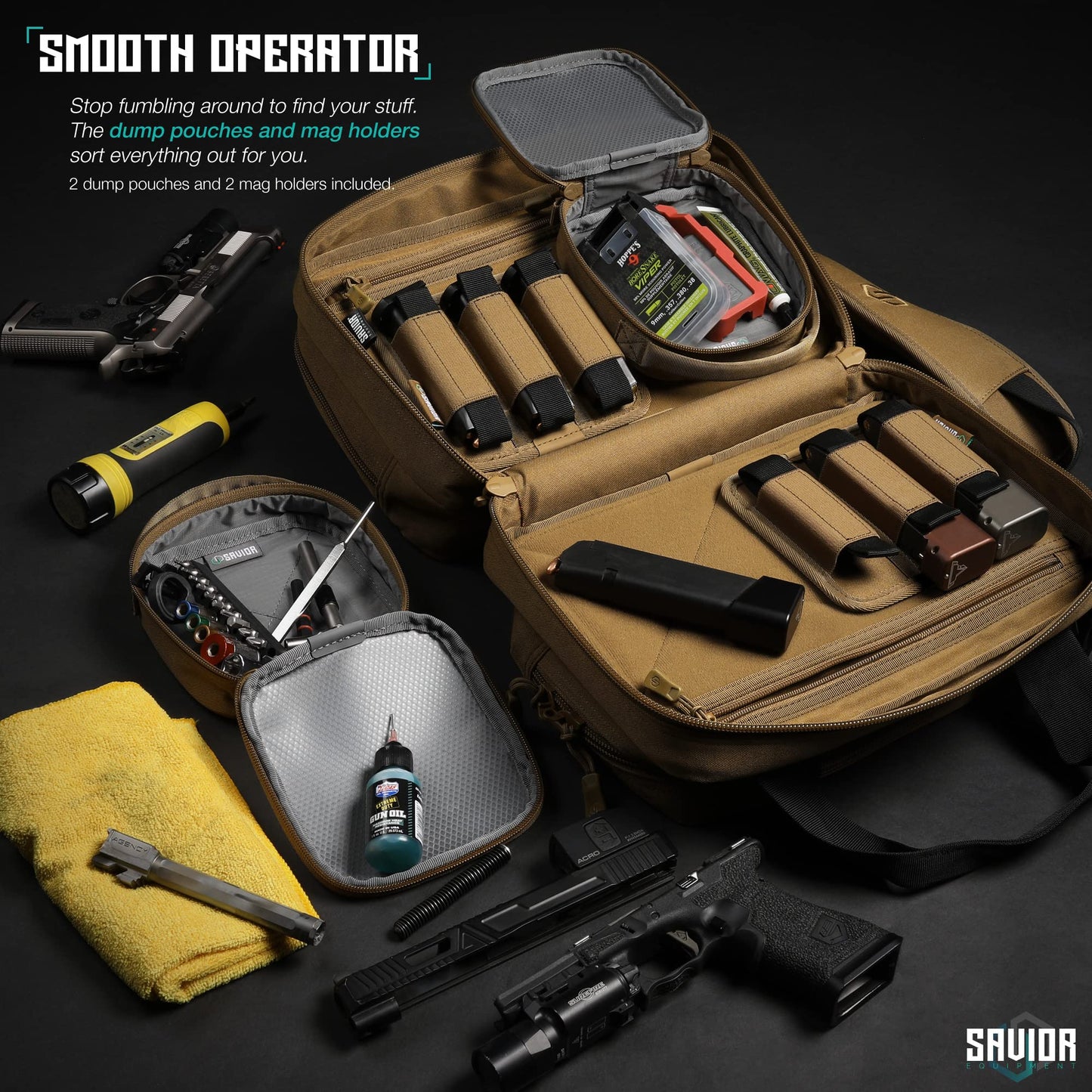 Savior Equipment Specialist Series Mini Range Bag Tactical Dual Pistol Handgun Revolver Bag Gun Carrying Case, X-Large Compartments w/Lockable Zippers, Deluxe Padded Shoulder Strap Included