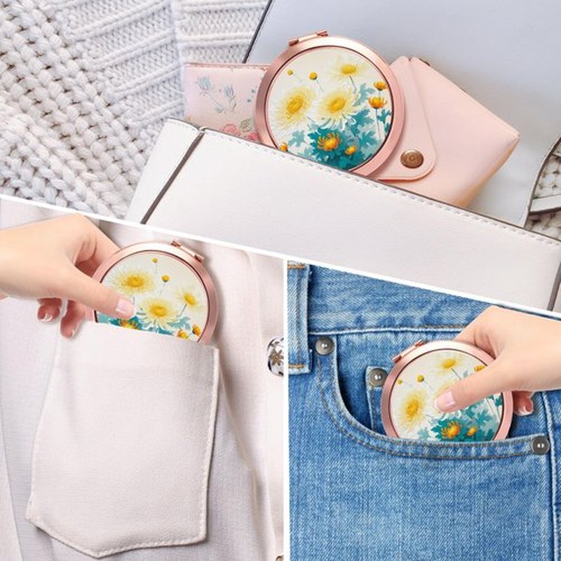 Dynippy Compact Mirror Rose Gold Makeup Mirror Folding Mini Pocket Mirror Portable Hand Mirror Double-Sided 2 x 1x Magnification for Woman Girls (Lovely Chrysanthemum Pattern)