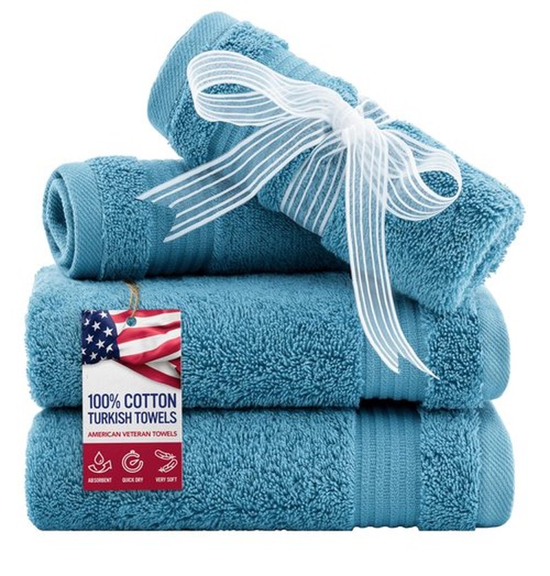 American Veteran Towel, 100% Cotton Turkish Washcloths for Bathroom Essentials 4 Pack, Soft Absorbent Wash Cloths Quick Drying Small Towels Washrags, Sky Blue