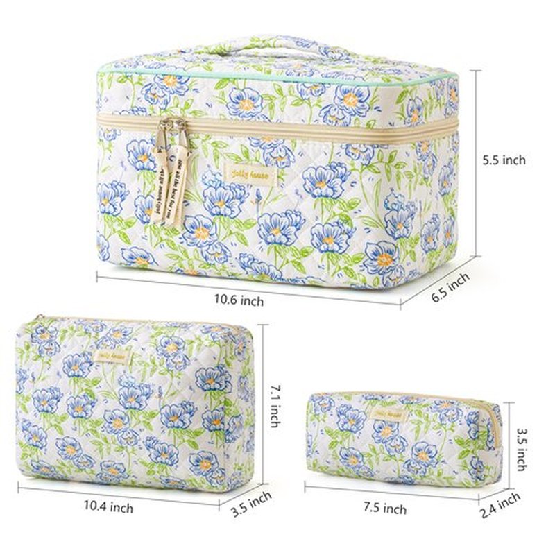 HBselect Quilted Makeup Bag, 3PCS Cotton Large Travel Makeup Bag, Cute Floral Coquette Make up Bag Cosmetic Bag Toiletry Bag for Women Girls