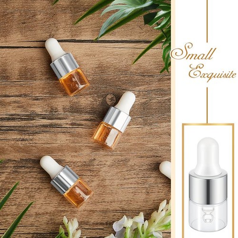 Didaey 100 Pcs Mini Glass Dropper Bottle Bulk, 1 ml Sliver Clear Essential Oil Dropper Bottles Small Tincture Empty Bottles Sample Containers Perfume Liquid Vials with Cap for Traveling