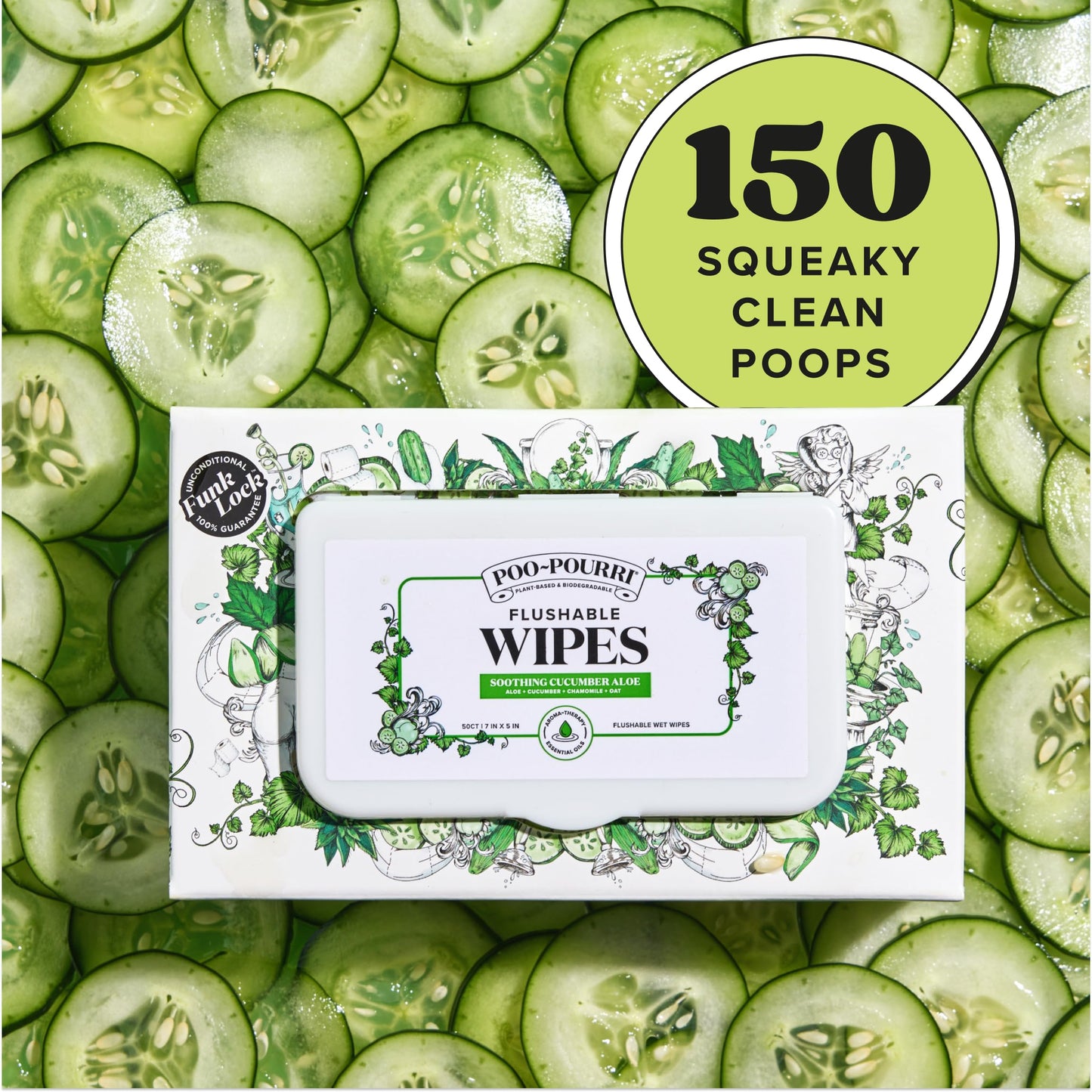 Poo~Pourri Flushable Wipes - Made with Plant Based Fibers, Aloe, & Vitamin E - Adult Wet Wipes - Cucumber & Aloe Essential Oils scent - Septic & Sewer Safe - 3-pack (150 total) with Dispenser Boxes