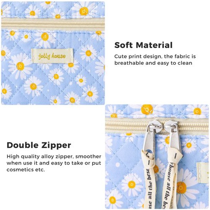 HBselect Quilted Makeup Bag, 3PCS Cotton Large Travel Makeup Bag, Cute Floral Coquette Make up Bag Cosmetic Bag Toiletry Bag for Women Girls