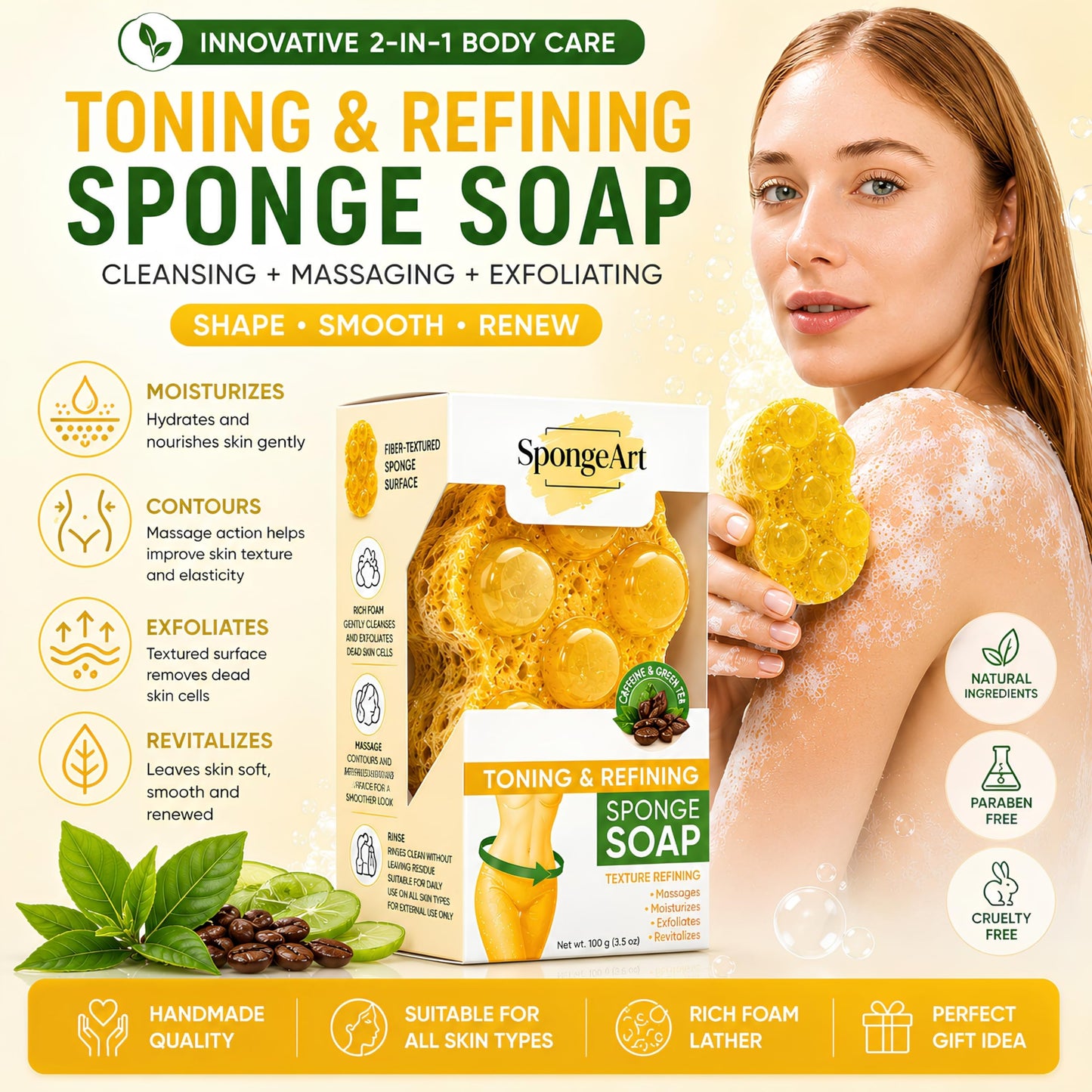 SpongeArt Skin Smoothing Sponge Soap Bar – Exfoliating Massage Soap with Textured Fiber Surface – Moisturizing Body Cleanser – 3.5 oz (Bromelain & Caffeine)