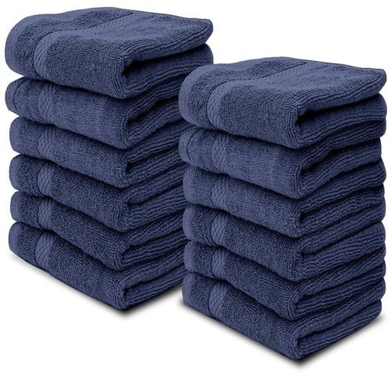 White Classic Luxury Cotton Washcloths - Hotel Spa Bathroom Face Towel | 12 Pack | Navy Blue