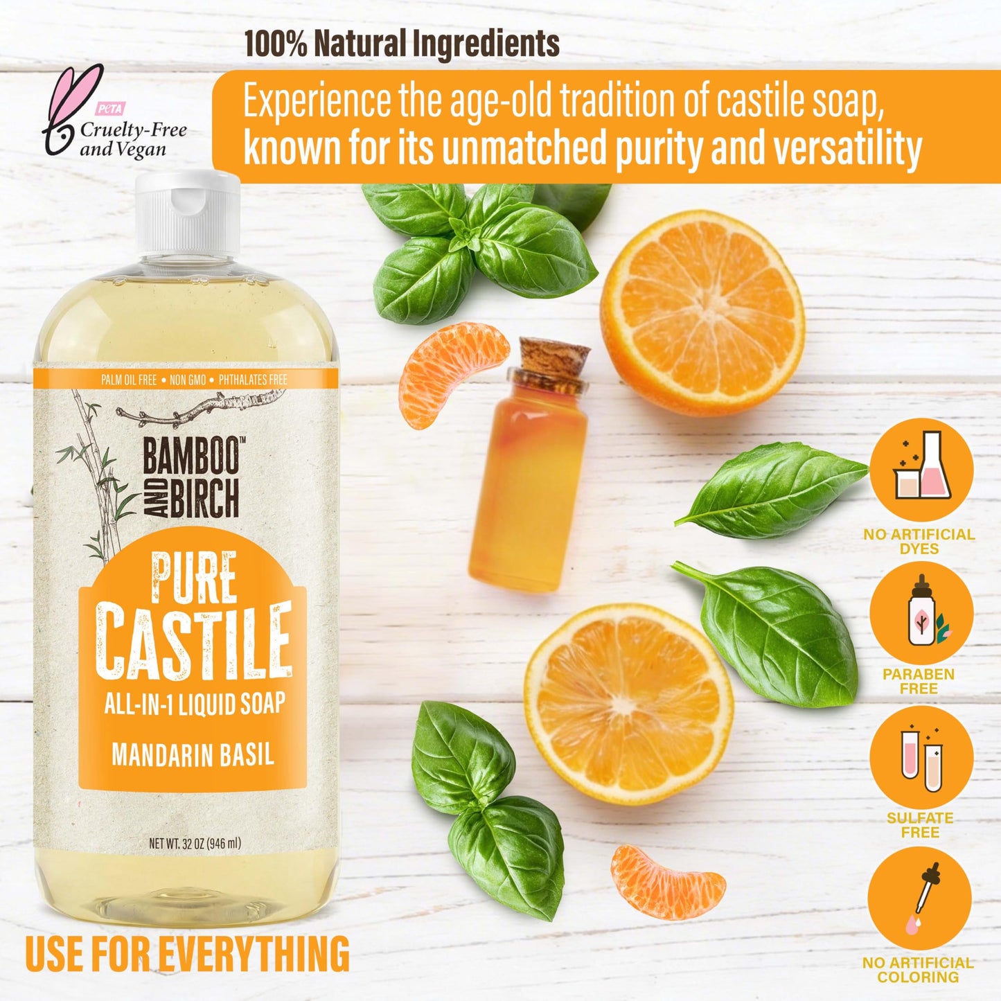 BAMBOO AND BIRCH Pure Castile Soap Liquid, Mandarin Basil, 32 oz