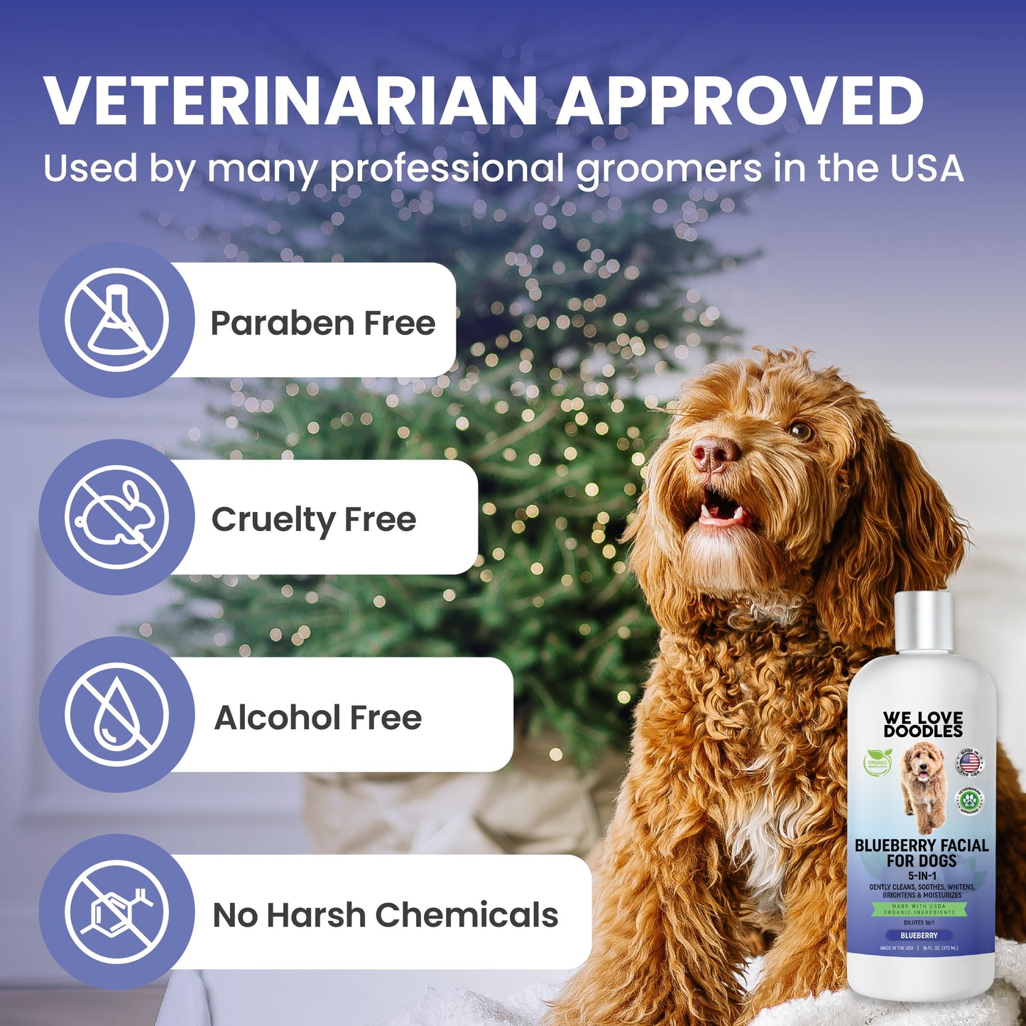Blueberry Facial Dog Shampoo - Dog Tear Stain Remover, Brightens & Whitens Coat, Cleans & Deodorizes, Tearless, 16:1 Concentrated, 16 oz [We Love Doodles]