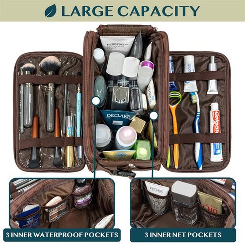 PAVILIA Large Toiletry Bag for Men Women, Mens Travel Bag Toiletries Organizer Case for Grooming, Travel Essentials Shaving Dopp Kit, PU Leather Water Resistant Cosmetic Pouch, Dark Brown