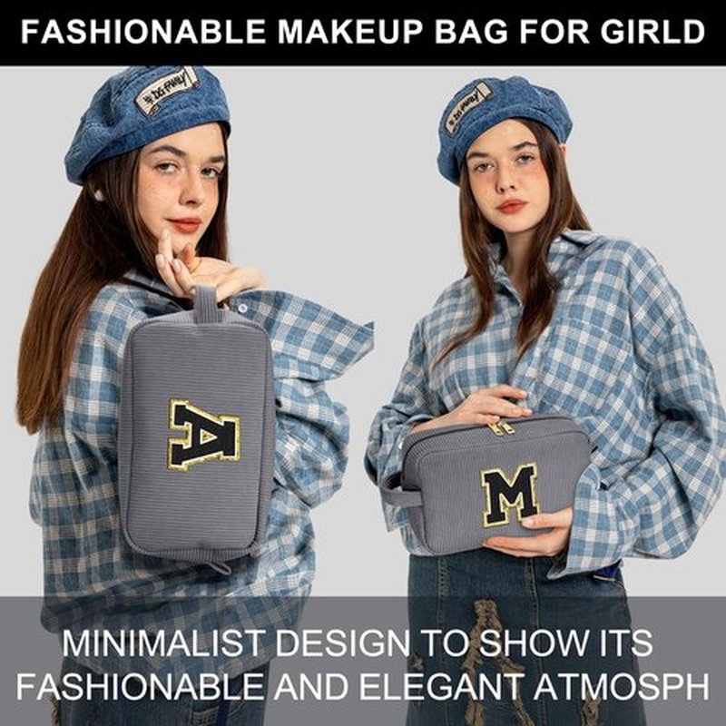 YOOLIFE Personalized Gifts for Women - Travel Makeup Bag Make Up Bag Travel Cosmetic Bags for Women Corduroy Makeup Bag Cute Makeup Bag Personalized Best Friend Birthday Gifts for Women Her Letter M