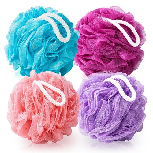 MTDLYICE Loofah Sponge 75g 4 Pack, Bath Sponge Soft Mesh Shower Puff Loofah for Women, Exfoliating Body Scrubber, lufas for Women, Shower Accessories (Purple Red Pink Blue)