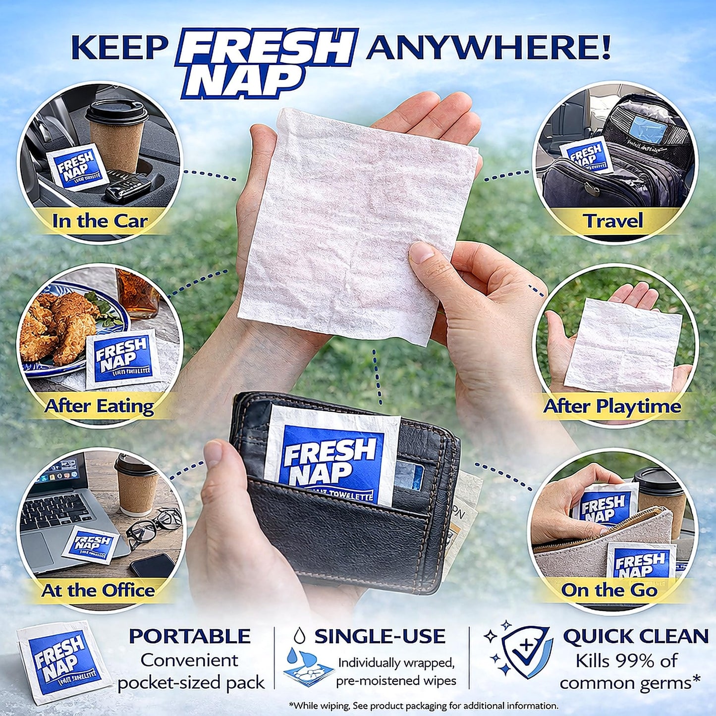 Fresh Lemon Moist Towelettes, Individually Wrapped Hand Wipes for Travel, Disposable Alcohol-Free Wet Wipes (25, Jumbo)