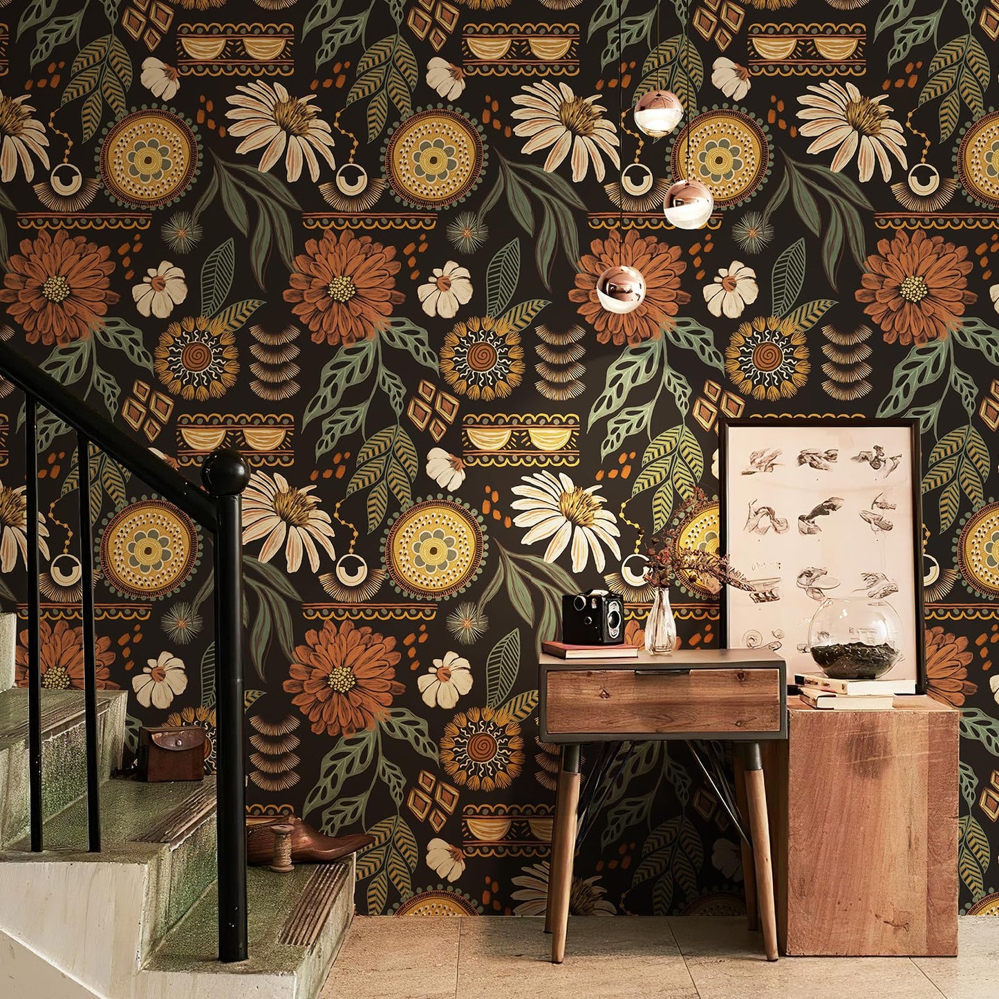JiffDiff Boho Peel and Stick Wallpaper 17.3" x 120" Vintage Sun Floral Retro Removable Contact Paper Dark Botanical Flowers Bathroom Bedroom Renter Friendly Wall Mural