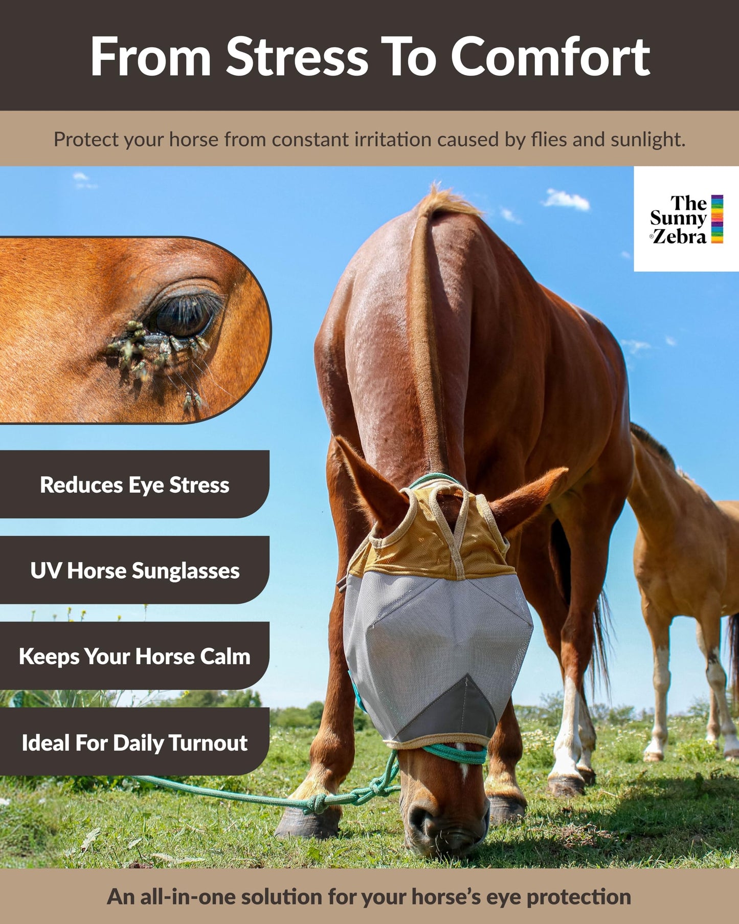 TSZ Horse Fly Mask Standard No Ears - UV Block 70% Breathable Soft Fleece Padding Fly Masks for Horses Flymask Durable Fly Control Comfortable Adjustable Straps All-Day for Equines
